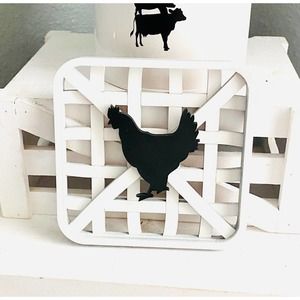 Handmade Farmhouse Faux Basket w/Rooster Tiered Tray Decor (RB)